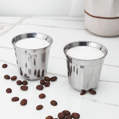 Stainless Steel Espresso Cup 2Pcs Set Double Wall Insulated Metal Demitasse Cups (Silver, 2.5 Oz)