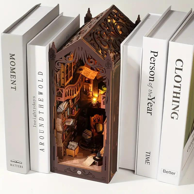 Hot Selling Vintage Style Magic Library Design Wooden Diy Book Stand Model, DIY Building Model with Light Effect, Handmade Gift, Birthday Gift, Christmas Gift