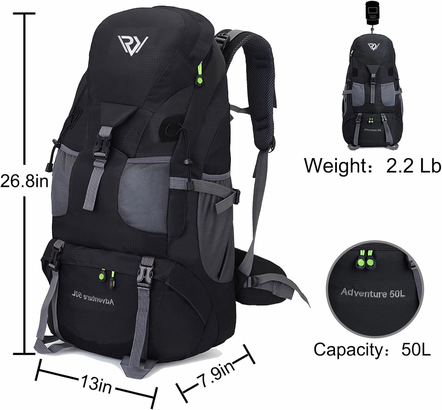 50L Hiking Backpack, Waterproof Lightweight Daypack for Outdoor Camping Travel