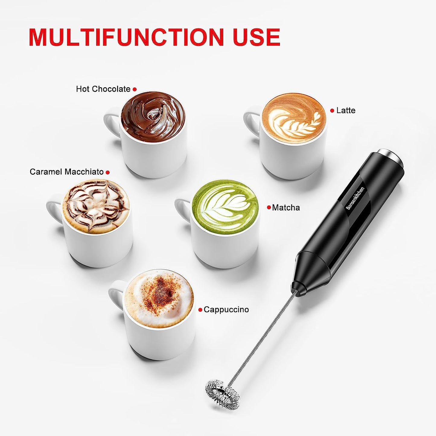 Powerful Milk Frother for Coffee, Fast Handheld Drink Mixer with Stainless Steel Whisk, Battery Operated Hand Frother Stirrer Wand-Black