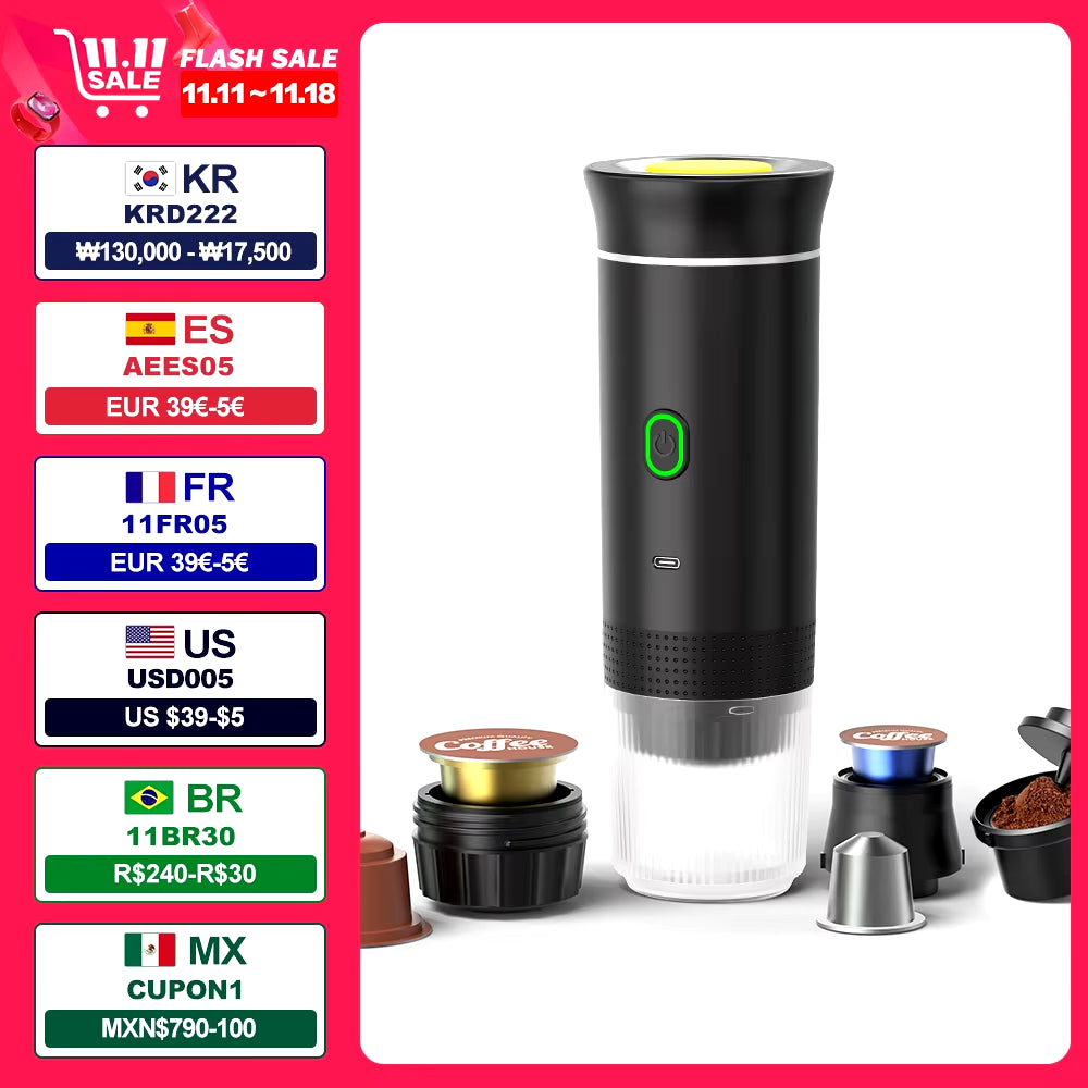 Wireless Electric Portable Espresso Coffee Machine for Car & Home Camping Coffee Maker 3-In-1 Capsule Powder Travel Coffee Maker