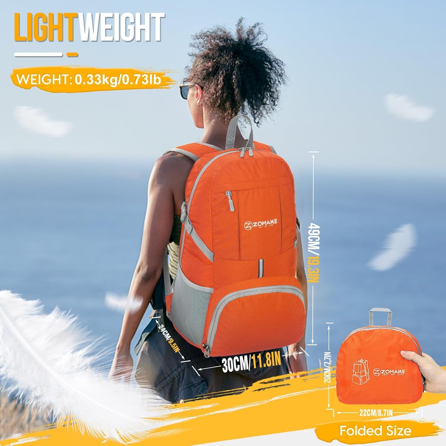 Lightweight Packable Backpack 35L - Light Foldable Backpacks Water Resistant Collapsible Hiking Backpack - Compact Folding Day Pack for Travel Camping(Orange)