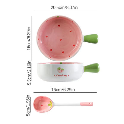 3Pcs Strawberry Bowl Spoon Plate Set Beautiful Girl Heart Bowl Salad Bowl Dessert Household Tableware