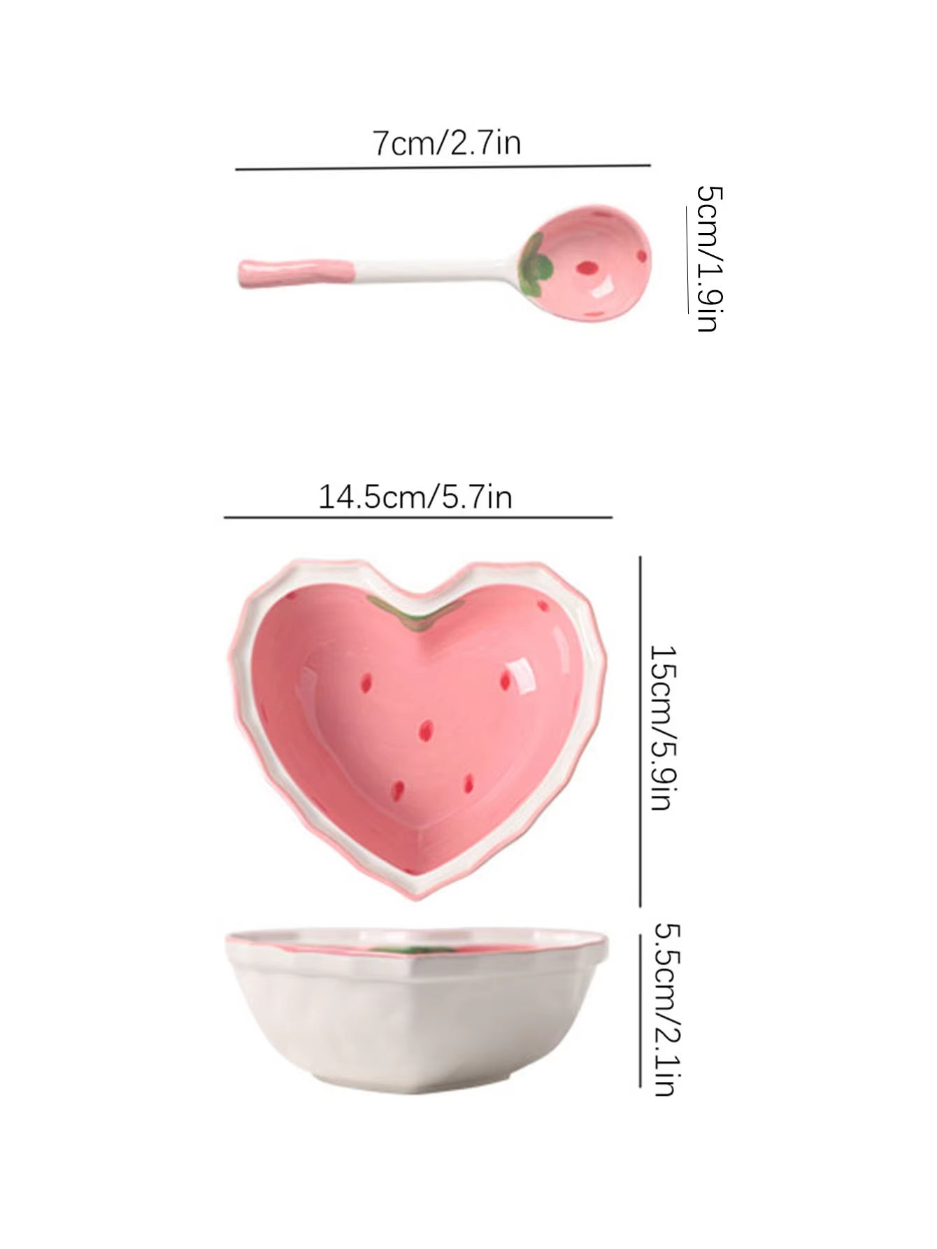 3Pcs Strawberry Bowl Spoon Plate Set Beautiful Girl Heart Bowl Salad Bowl Dessert Household Tableware