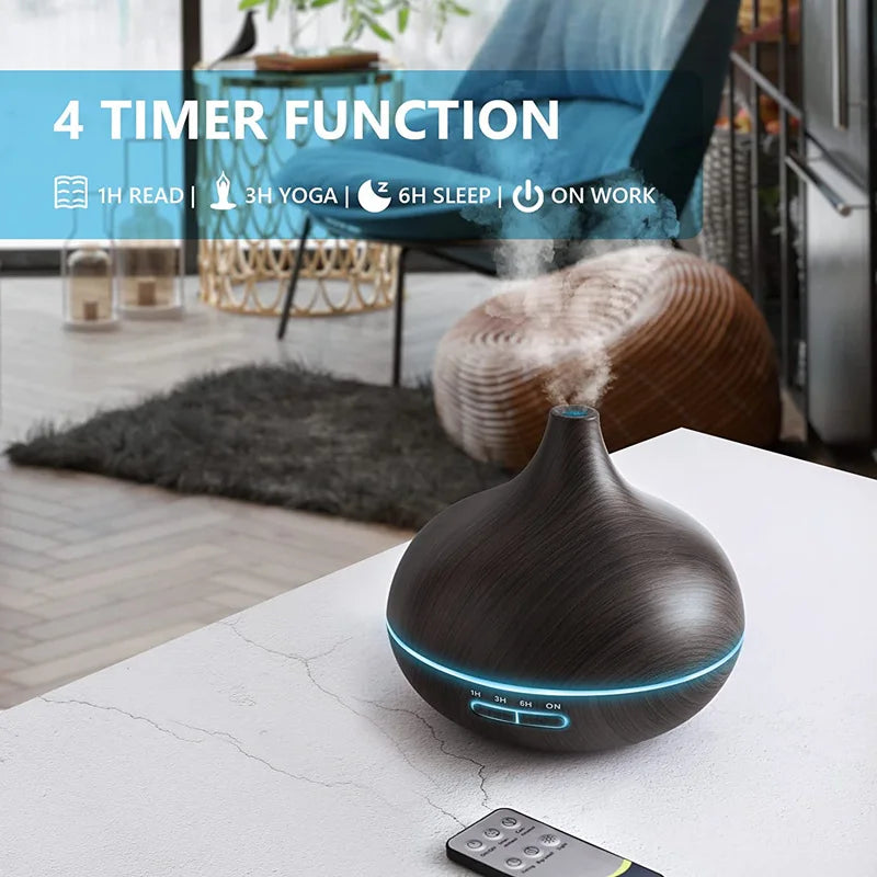 550Ml Wood Color USB Aroma Diffuser, Essential Oil Diffuser with 7 Color LED Lights & Remote Control, USB Powered Air Humidifier