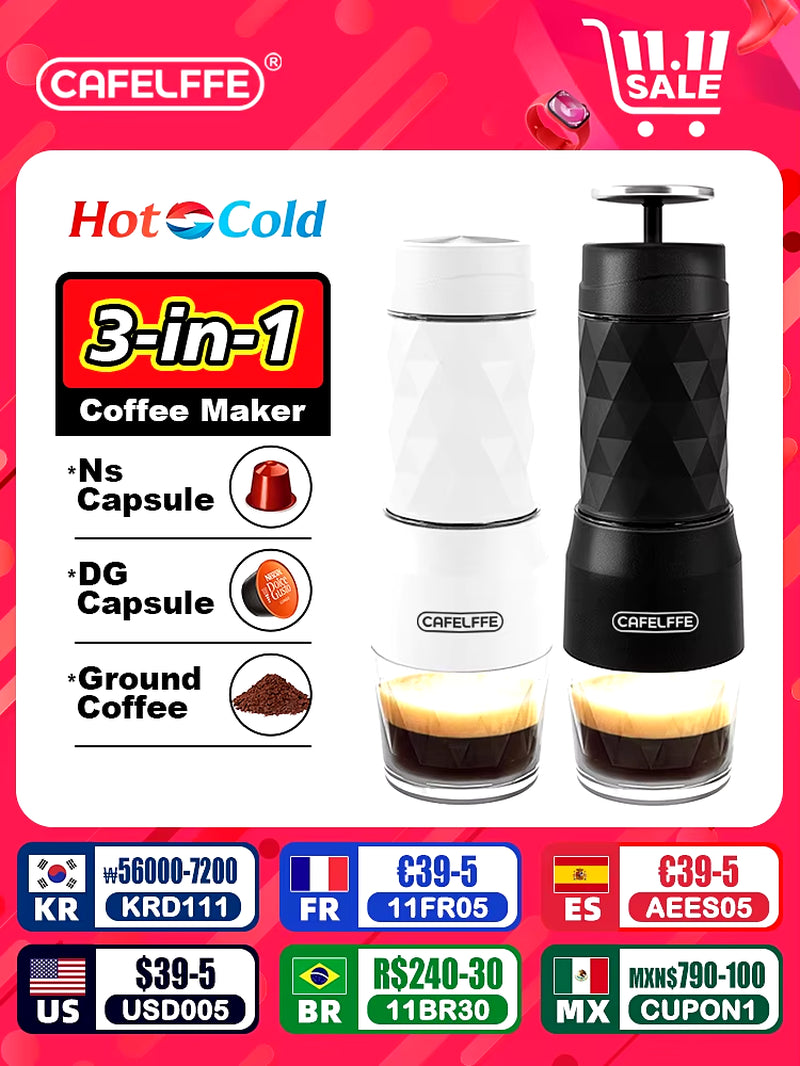 3 In1 Portable Coffee Machine Hot/Cold Water Manual Espresso Maker for Capsule & Ground Hand Press Brewer Hiking Travel