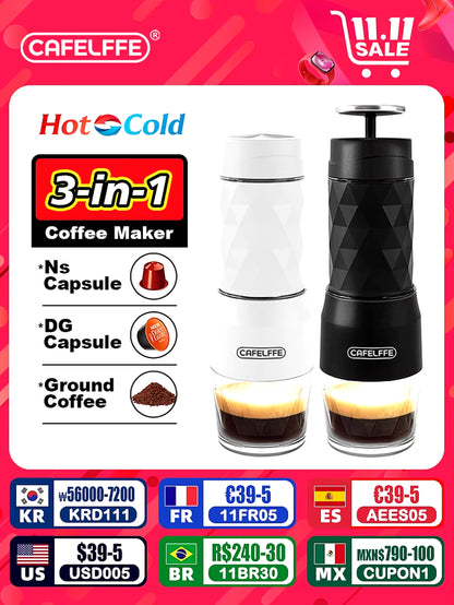 3 In1 Portable Coffee Machine Hot/Cold Water Manual Espresso Maker for Capsule & Ground Hand Press Brewer Hiking Travel