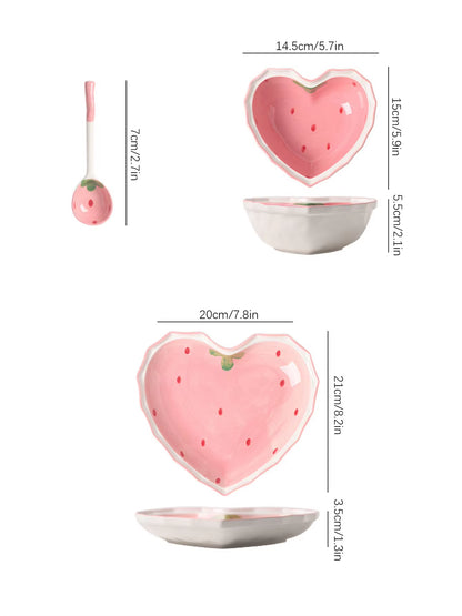 3Pcs Strawberry Bowl Spoon Plate Set Beautiful Girl Heart Bowl Salad Bowl Dessert Household Tableware