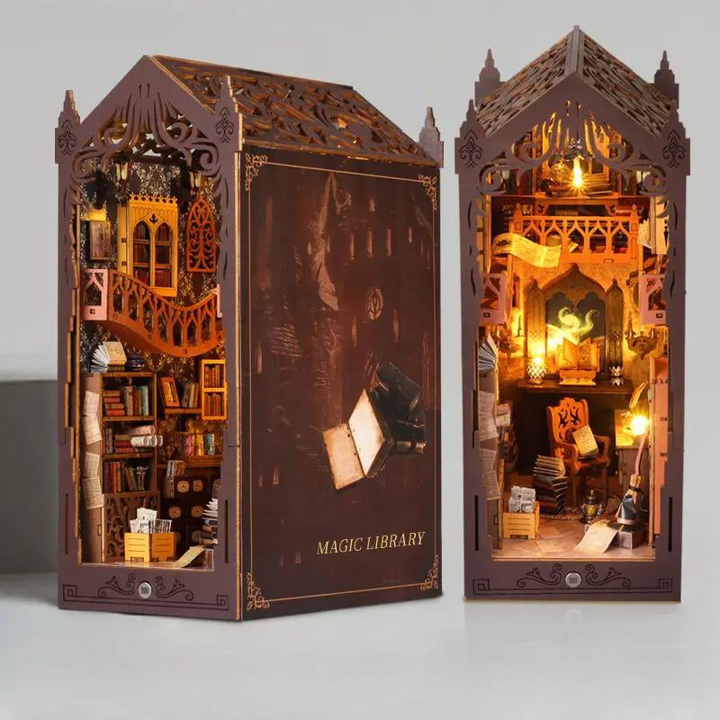 Hot Selling Vintage Style Magic Library Design Wooden Diy Book Stand Model, DIY Building Model with Light Effect, Handmade Gift, Birthday Gift, Christmas Gift